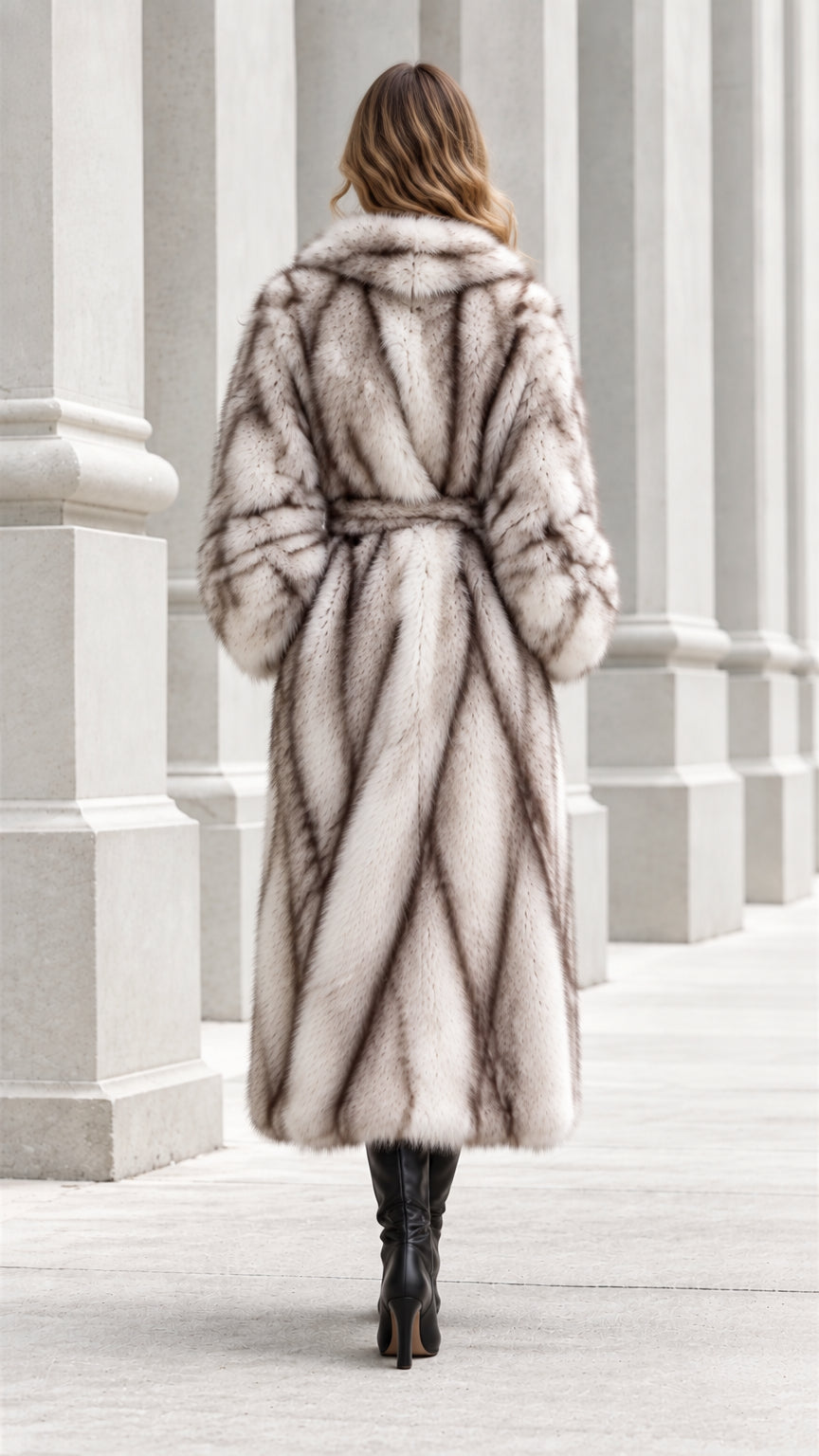 Back view of model showcasing diagonal chevron paneling on long Silver Frost faux fur coat