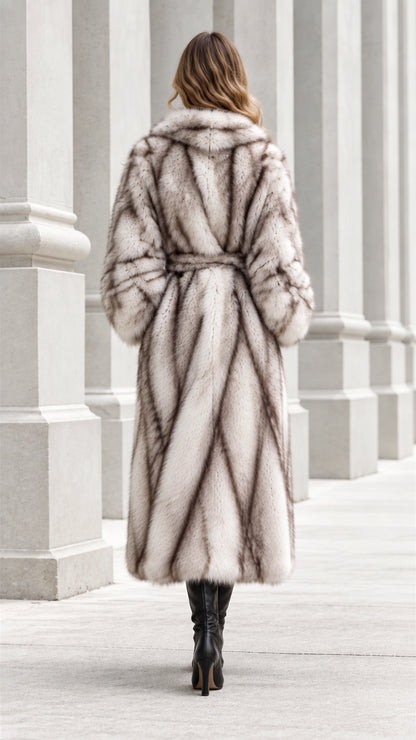 Back view of model showcasing diagonal chevron paneling on long Silver Frost faux fur coat
