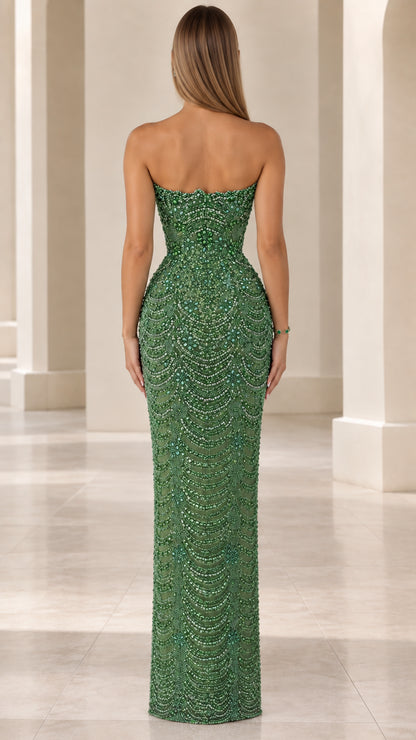 Back view of emerald green beaded strapless evening dress