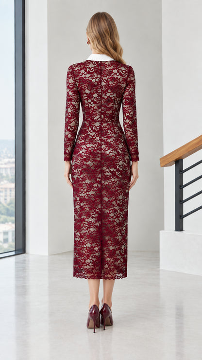 Back view of model in burgundy long-sleeve lace midi dress