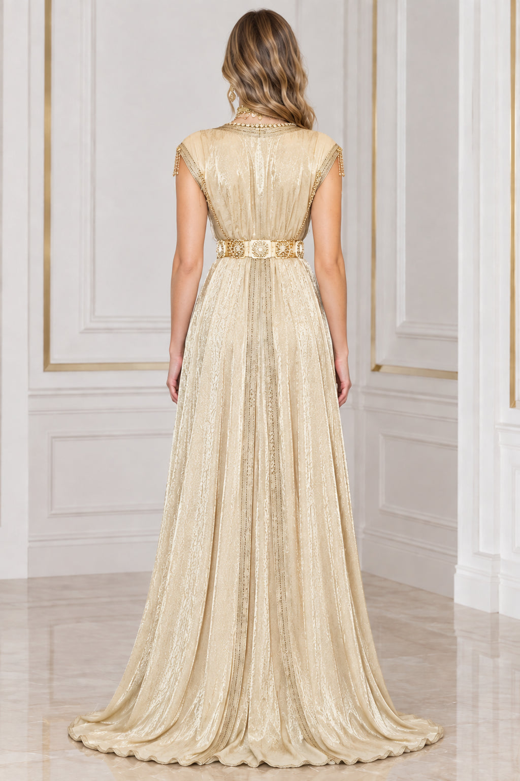 Champagne Gold Pleated Evening Kaftan Dress back view