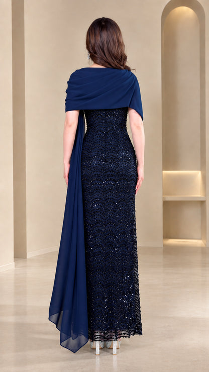 Navy Blue cape overlay sequin formal gown back view