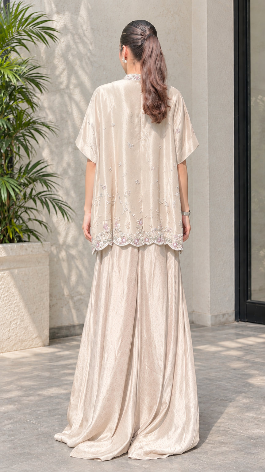 Champagne wide leg palazzo pants and top set back view