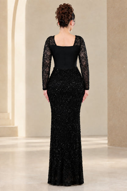 Back view of black long sleeve sequined evening dress