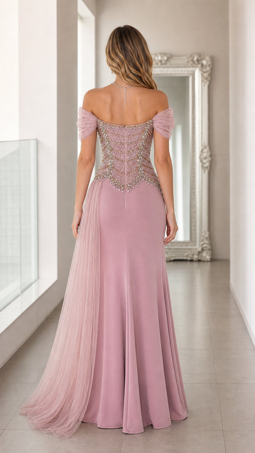 Dusty Rose off-the-shoulder formal gown back view with beaded waist and tulle skirt