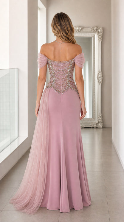 Dusty Rose off-the-shoulder formal gown back view with beaded waist and tulle skirt
