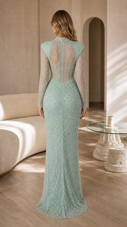 Back view of mint green sequin evening gown