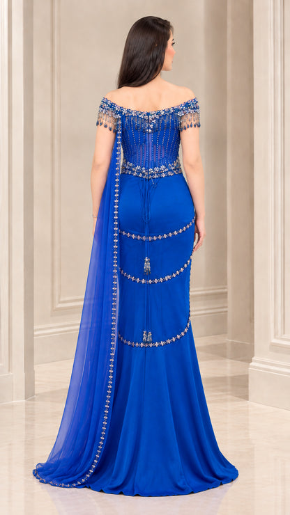 Back view of Royal Blue floor-length mermaid gown showing sheer back streamer drape