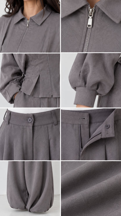 Close-up details of grey zip collar, waist pleats, cuff buttons, and woven fabric texture