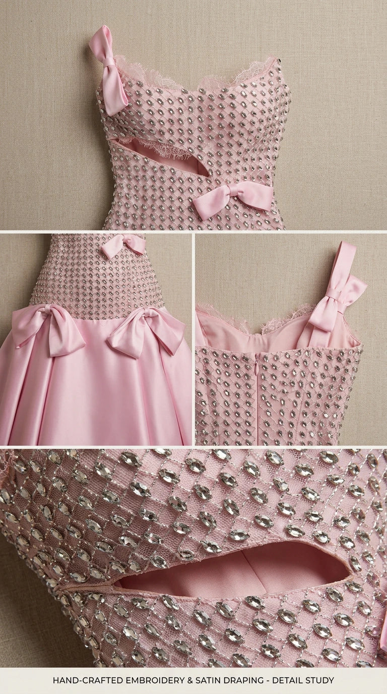 Close-up details of rhinestone bodice, lace neckline, waist cutout, and bow accents