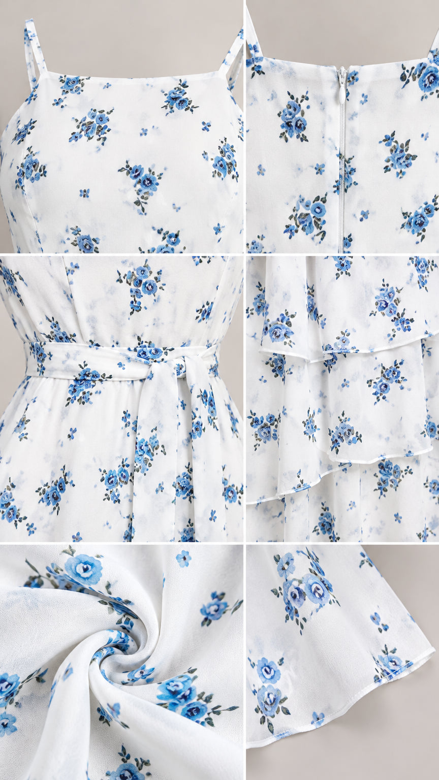 Close-up detail collage showing floral print, neckline, zipper, waist belt, and ruffle hem