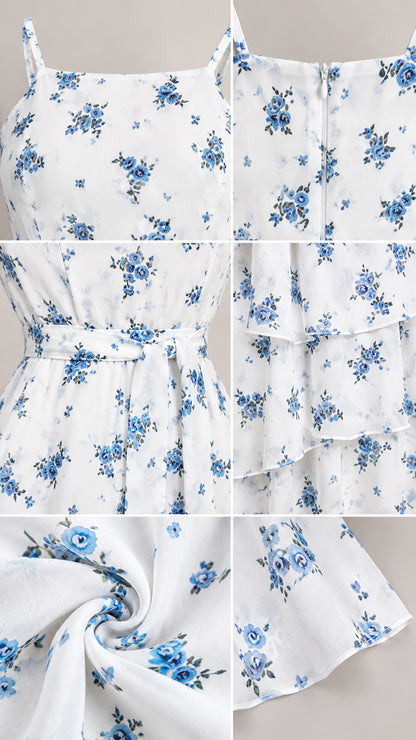 Close-up detail collage showing floral print, neckline, zipper, waist belt, and ruffle hem