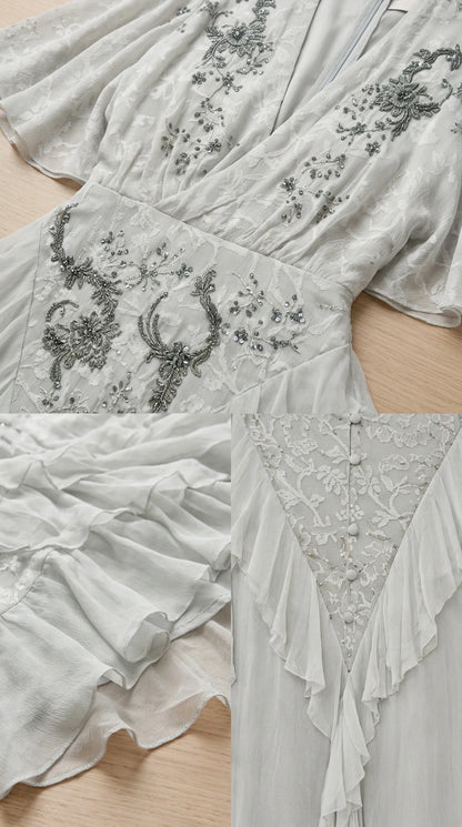 Close-up detail of beaded embroidery and delicate ruffle trims on ice blue gown