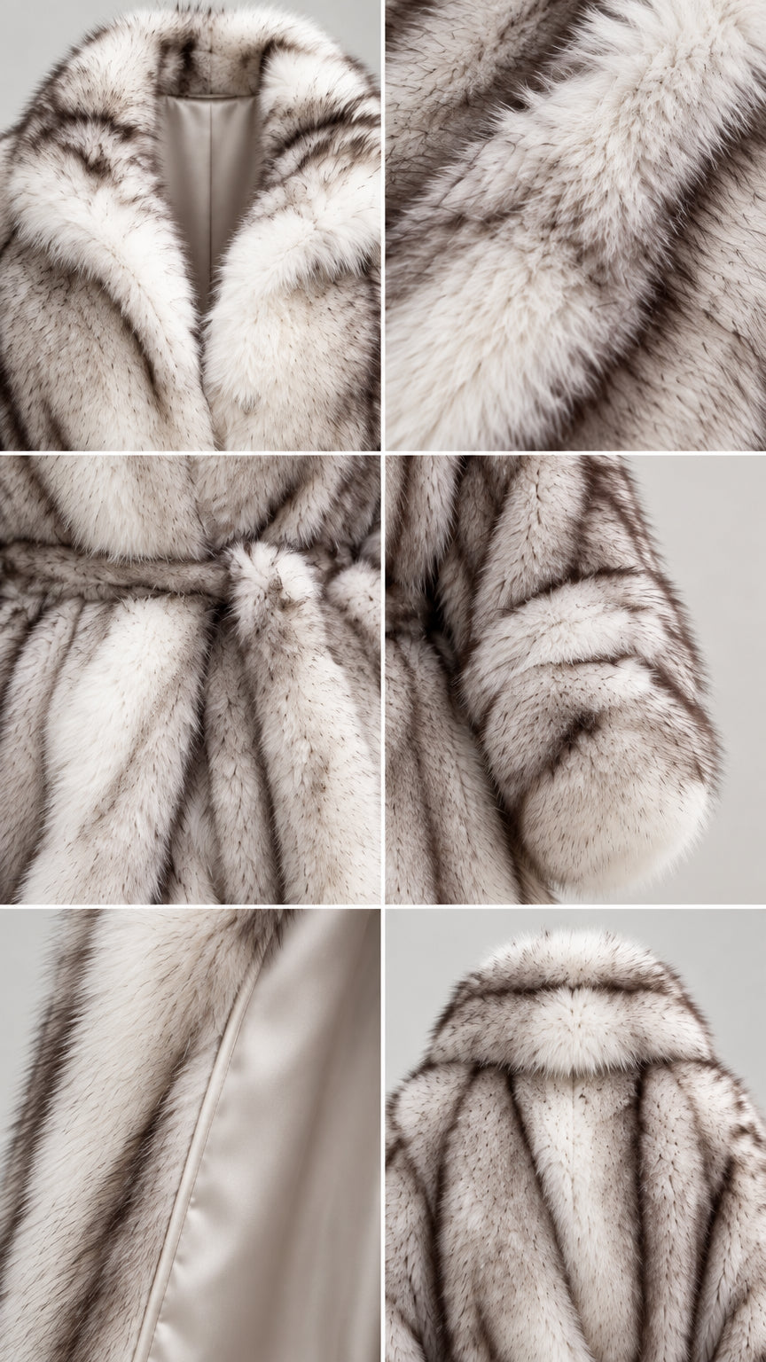 Close-up details of lapel collar, belt, cuffs, inner lining, and back texture of faux fur coat