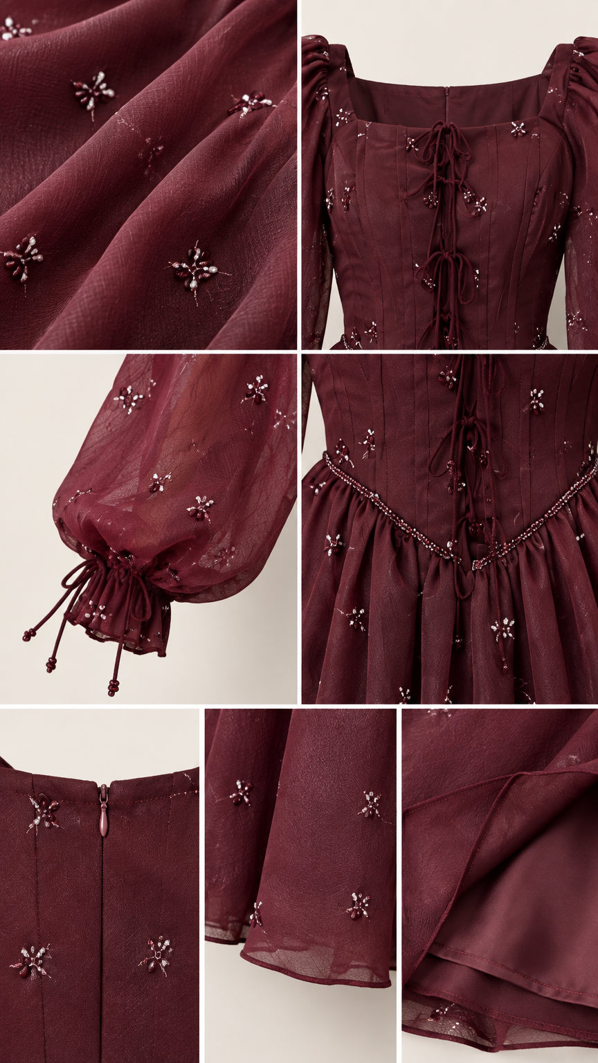 Close-up details of embroidery, corset ties, sleeve cuffs, and back zipper