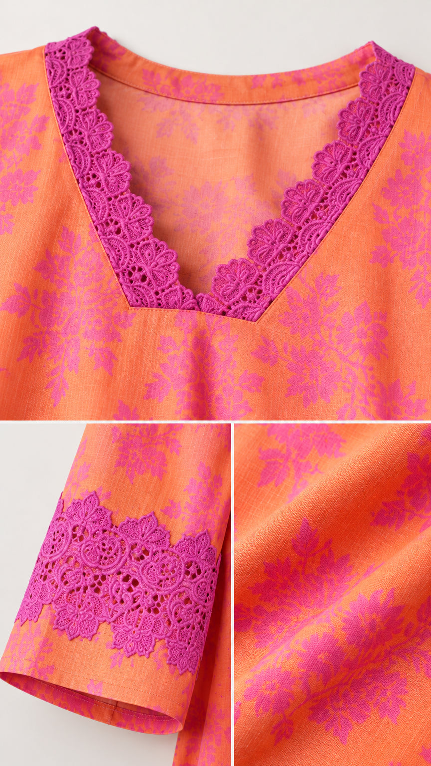Close-up details of V-neckline lace trim and sleeve embroidery
