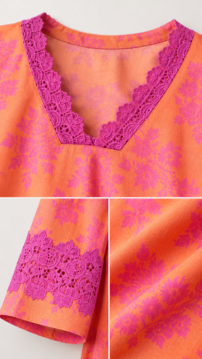 Close-up details of V-neckline lace trim and sleeve embroidery