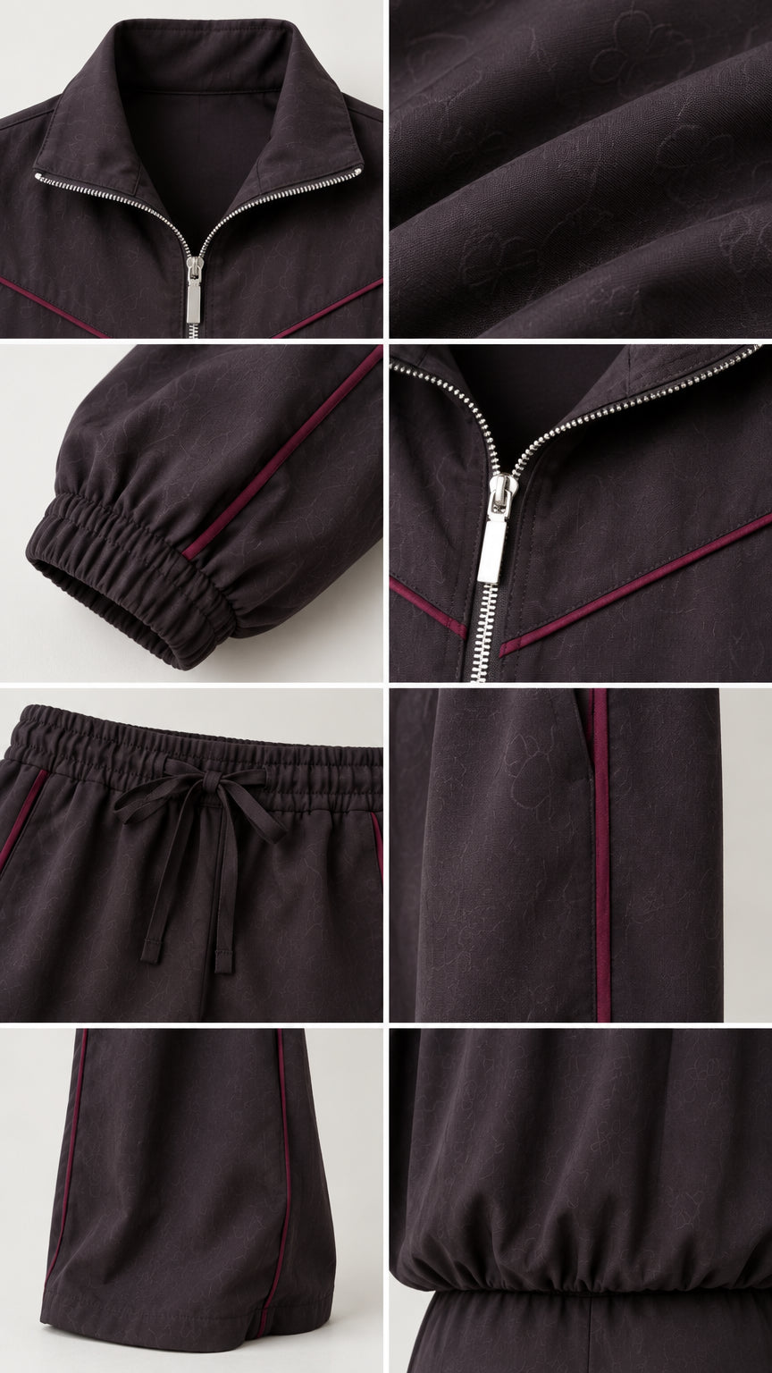Detailed close-up collage of the collar, zip closure, elastic cuffs, drawstring waist, and piping