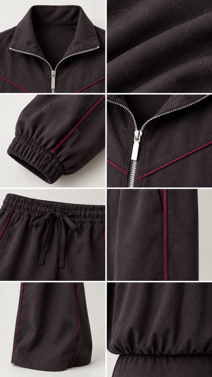 Detailed close-up collage of the collar, zip closure, elastic cuffs, drawstring waist, and piping