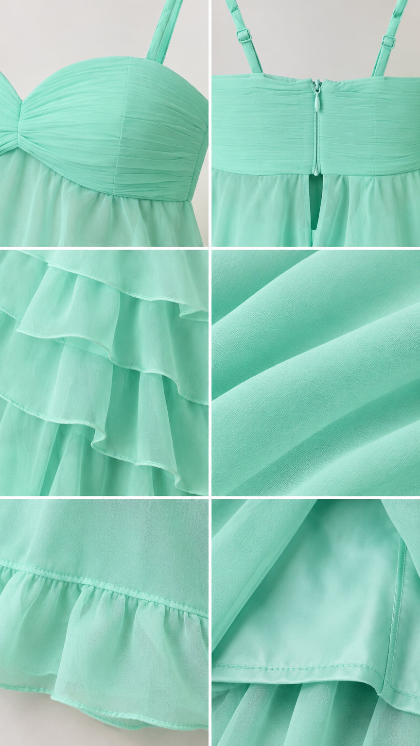 Close-up details of neckline, back zipper, ruffle tiers, and lining in Mint Green
