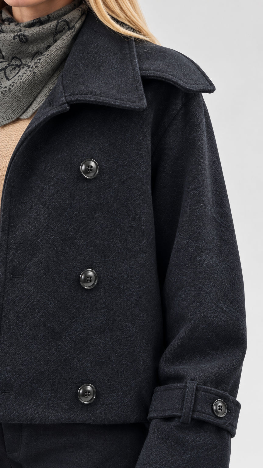 Close-up detail of black double breasted peacoat showing buttons lapel and cuff tab