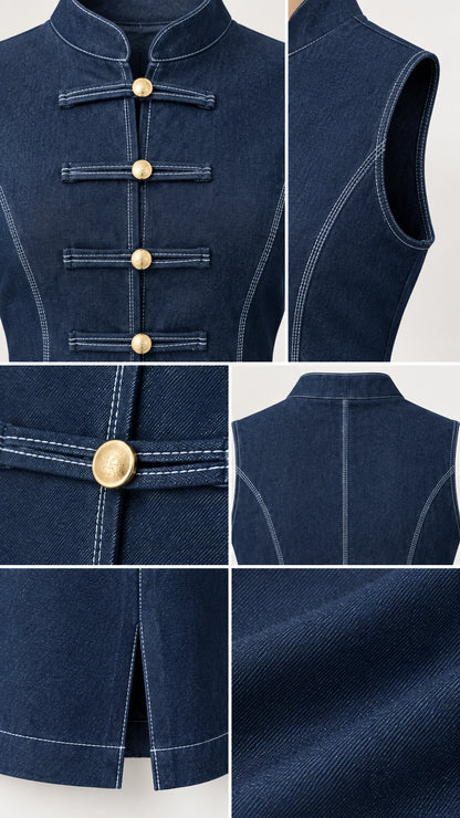 Detailed close-ups of dark blue twill fabric, mandarin collar, frog loop buttons, and stitching