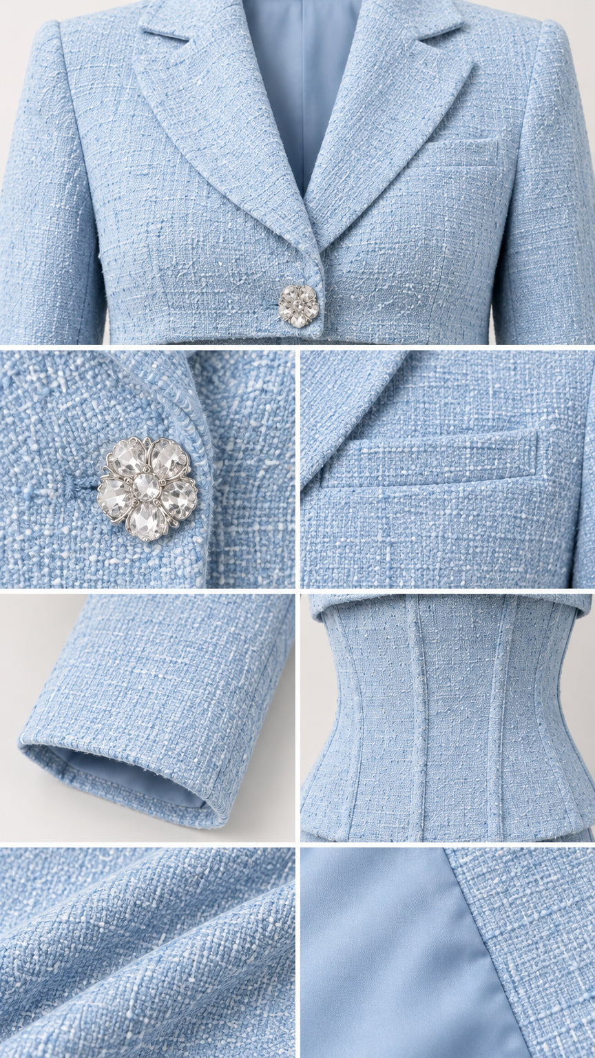 Close-up details of Light Blue tweed blazer showing crystal button, lapel, cuffs, and lining