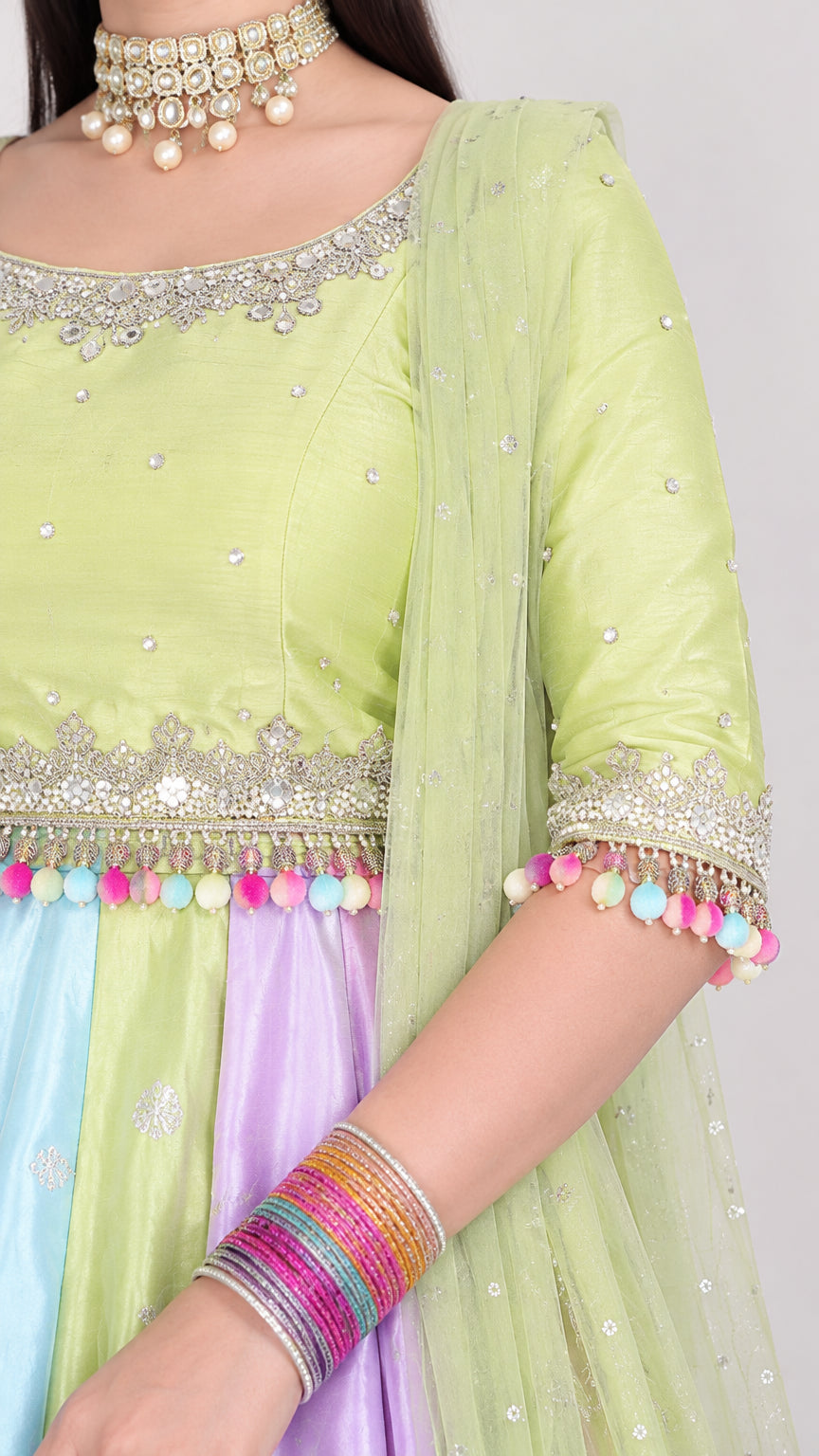 Close-up detail of neckline embroidery, bodice waist trim, and sleeve cuffs