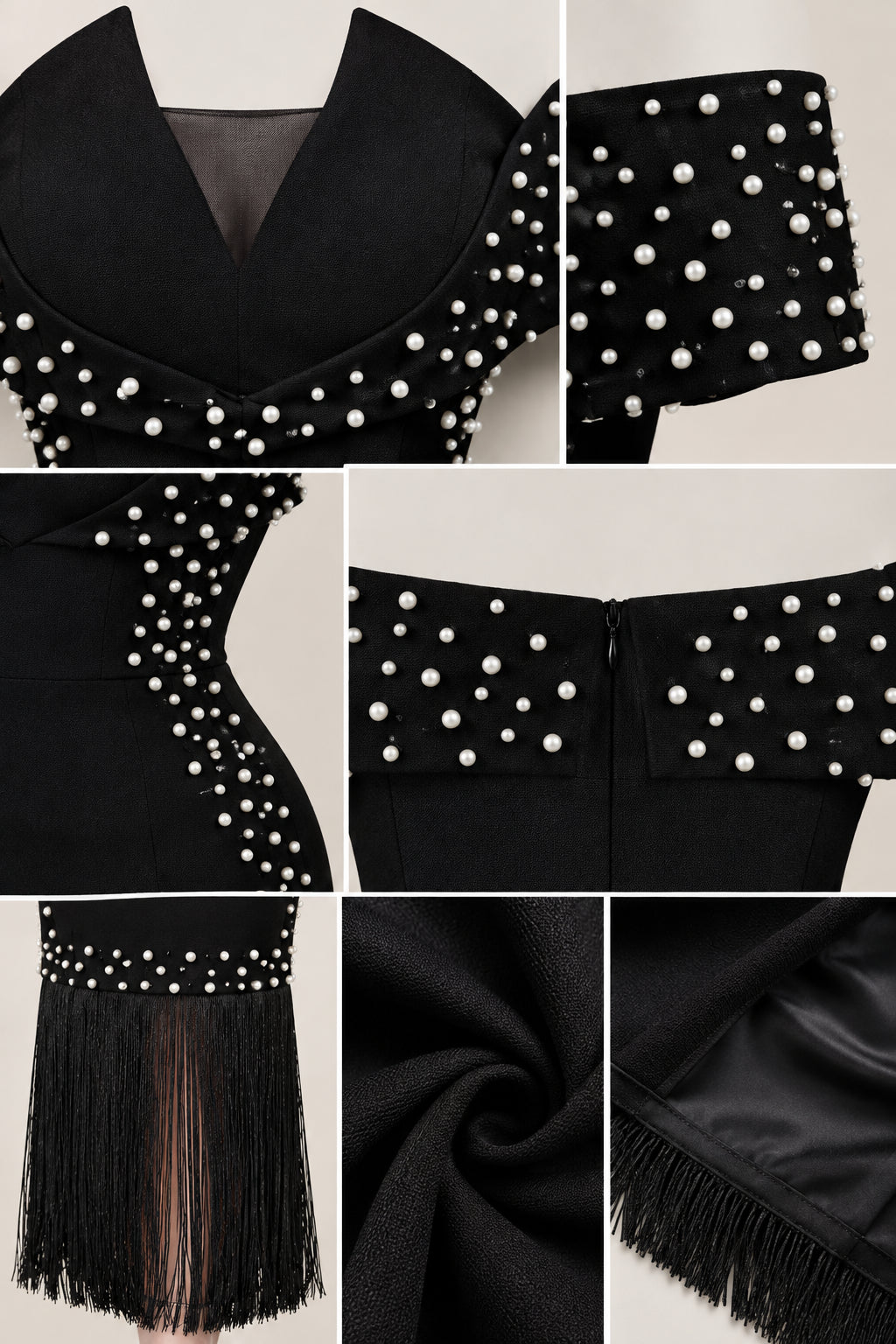 Close-up details of pearl beadwork, sweetheart mesh neckline, zipper, and fringe trim