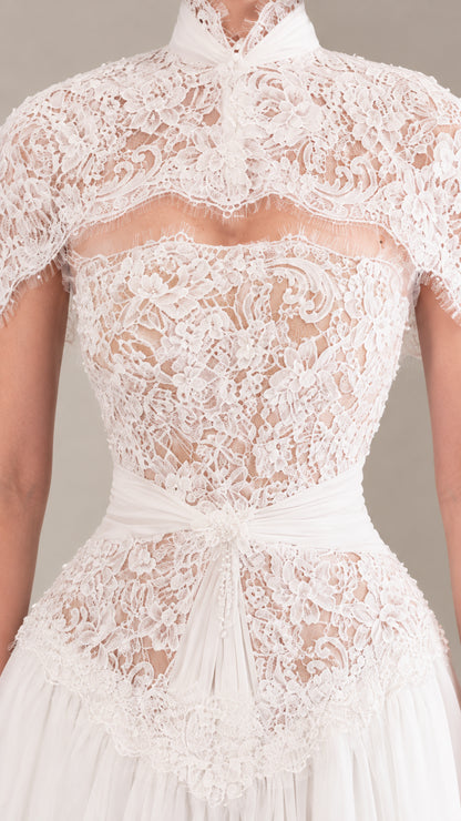 Close up of intricate floral lace bodice and capelet neckline