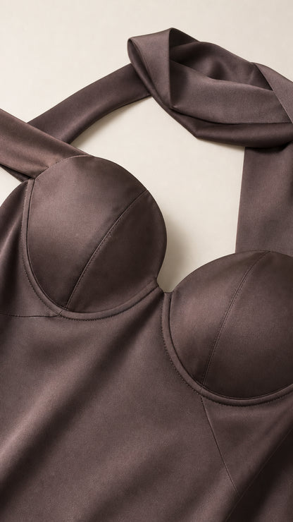 Close-up detail of structured underwire sweetheart bustier bodice and satin neck strap
