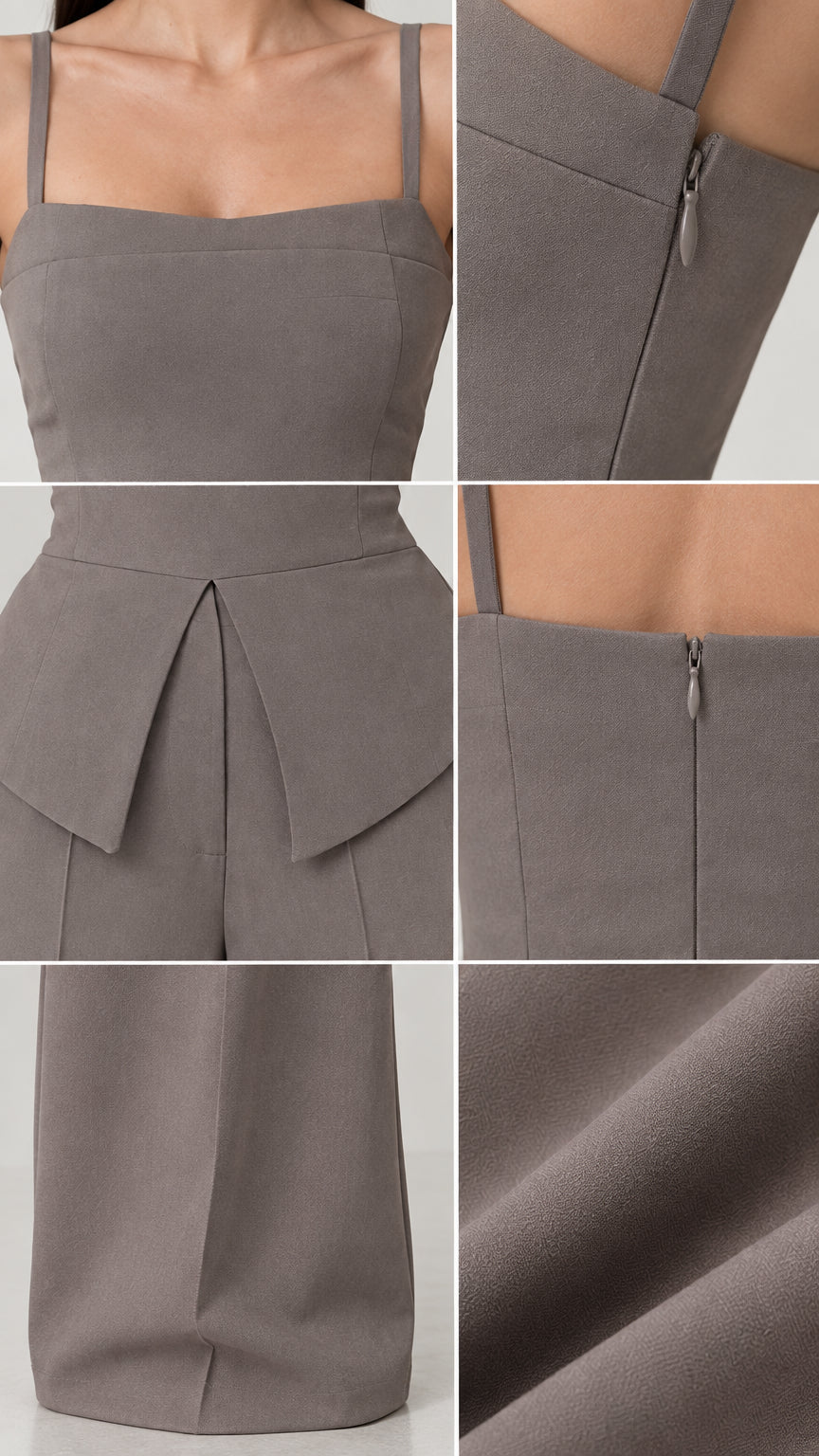 Close-up detail shots showing neckline, zipper, peplum waist, and woven fabric texture