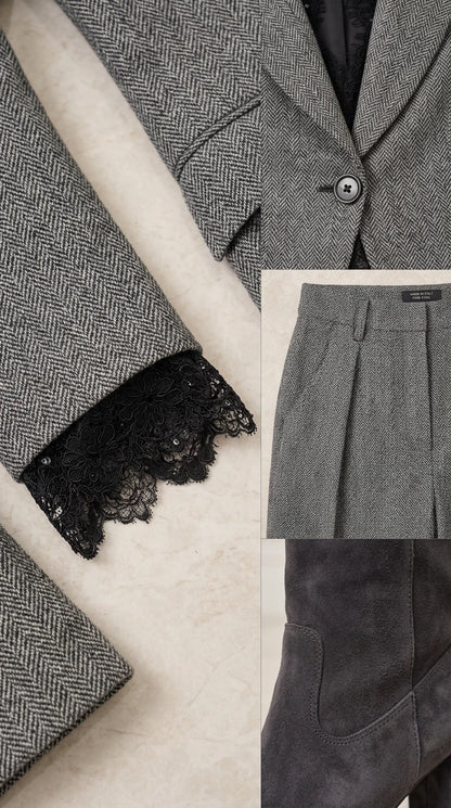 Close-up detail of Grey herringbone fabric, flap pocket, button, and delicate black lace cuff