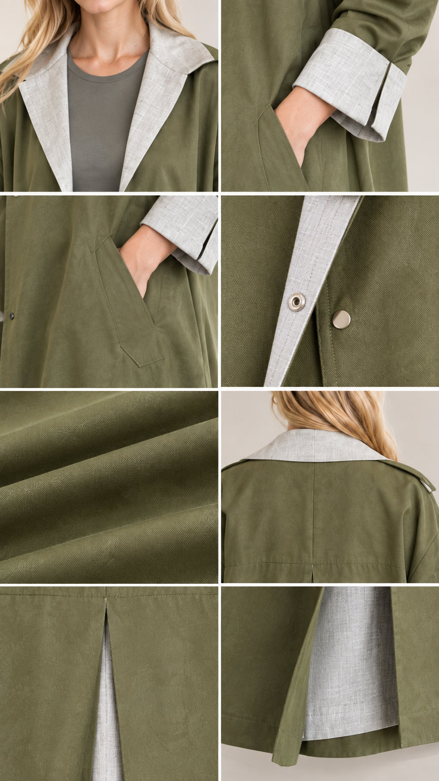 Detailed close-ups of lapel collar, side pocket, snap button, fabric texture, and back pleat