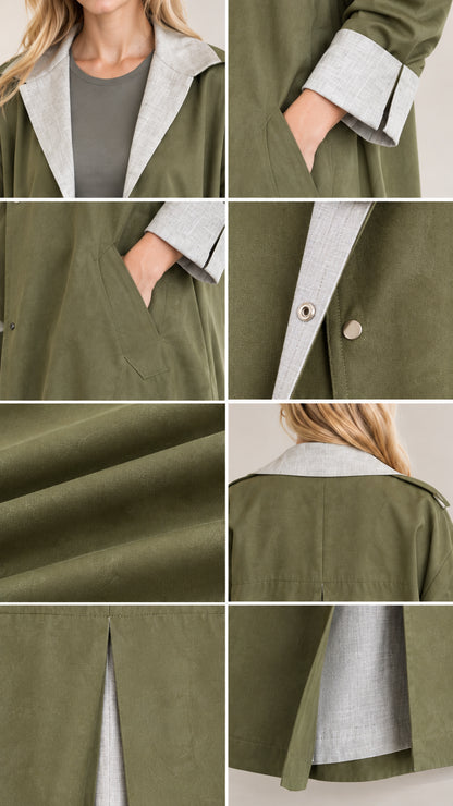 Detailed close-ups of lapel collar, side pocket, snap button, fabric texture, and back pleat