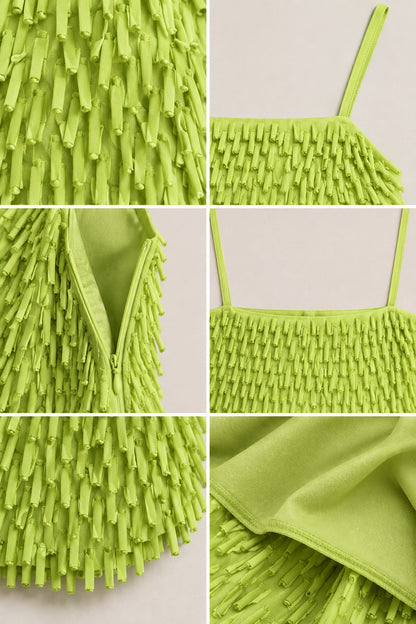 Close-up details of Lime Green textured fringe fabric, straps, and zipper