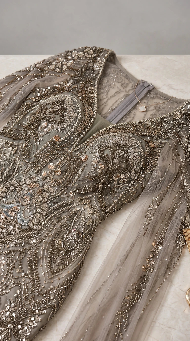 Close-up detail of intricate beadwork, sequins, and sheer mesh fabric
