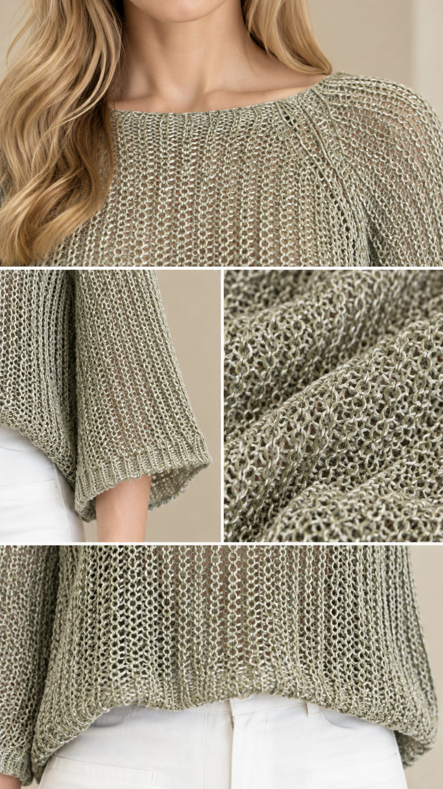 Close-up details of sage green open-knit fabric texture and bell sleeve construction