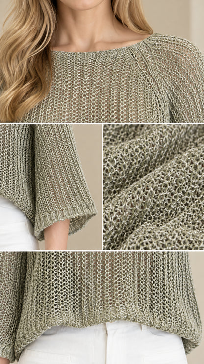 Close-up details of sage green open-knit fabric texture and bell sleeve construction
