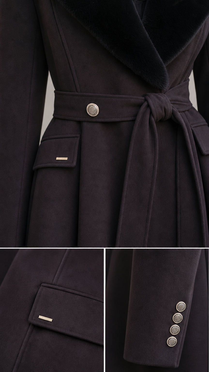 Close-up details of coat fabric, waist button, pocket flap trim, and buttoned sleeve cuffs