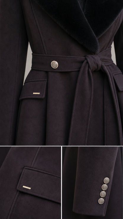 Close-up details of coat fabric, waist button, pocket flap trim, and buttoned sleeve cuffs