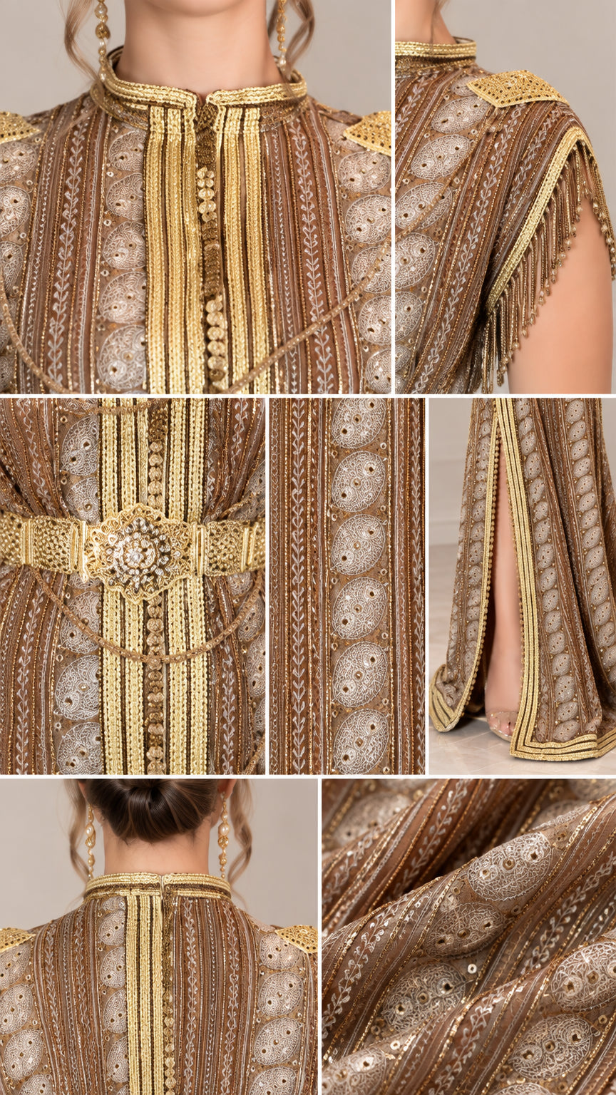 Close-up details of gold embroidery, mandarin collar, fringe sleeves, and medallion belt