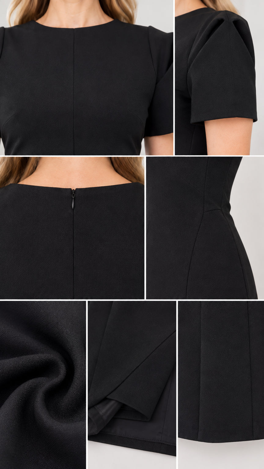 Close-up details of neckline, pleated shoulder, back zip, and fabric texture
