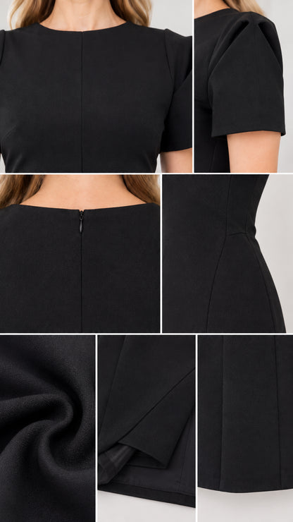 Close-up details of neckline, pleated shoulder, back zip, and fabric texture