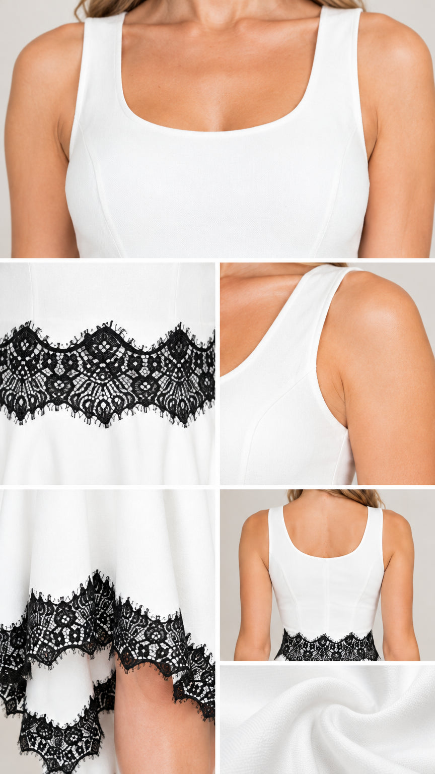 Detailed close-up collage of scoop neckline and intricate black lace trim
