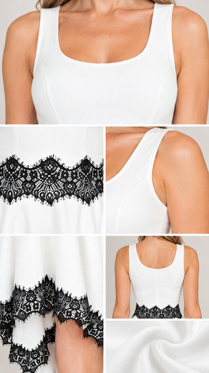 Detailed close-up collage of scoop neckline and intricate black lace trim