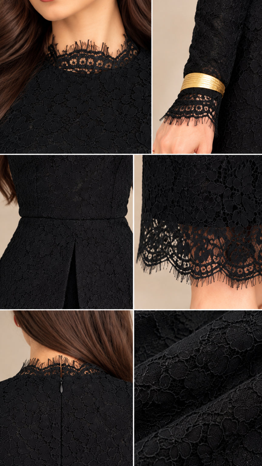 Close-up details of scalloped eyelash neckline, lace cuff, peplum slit, and back zipper