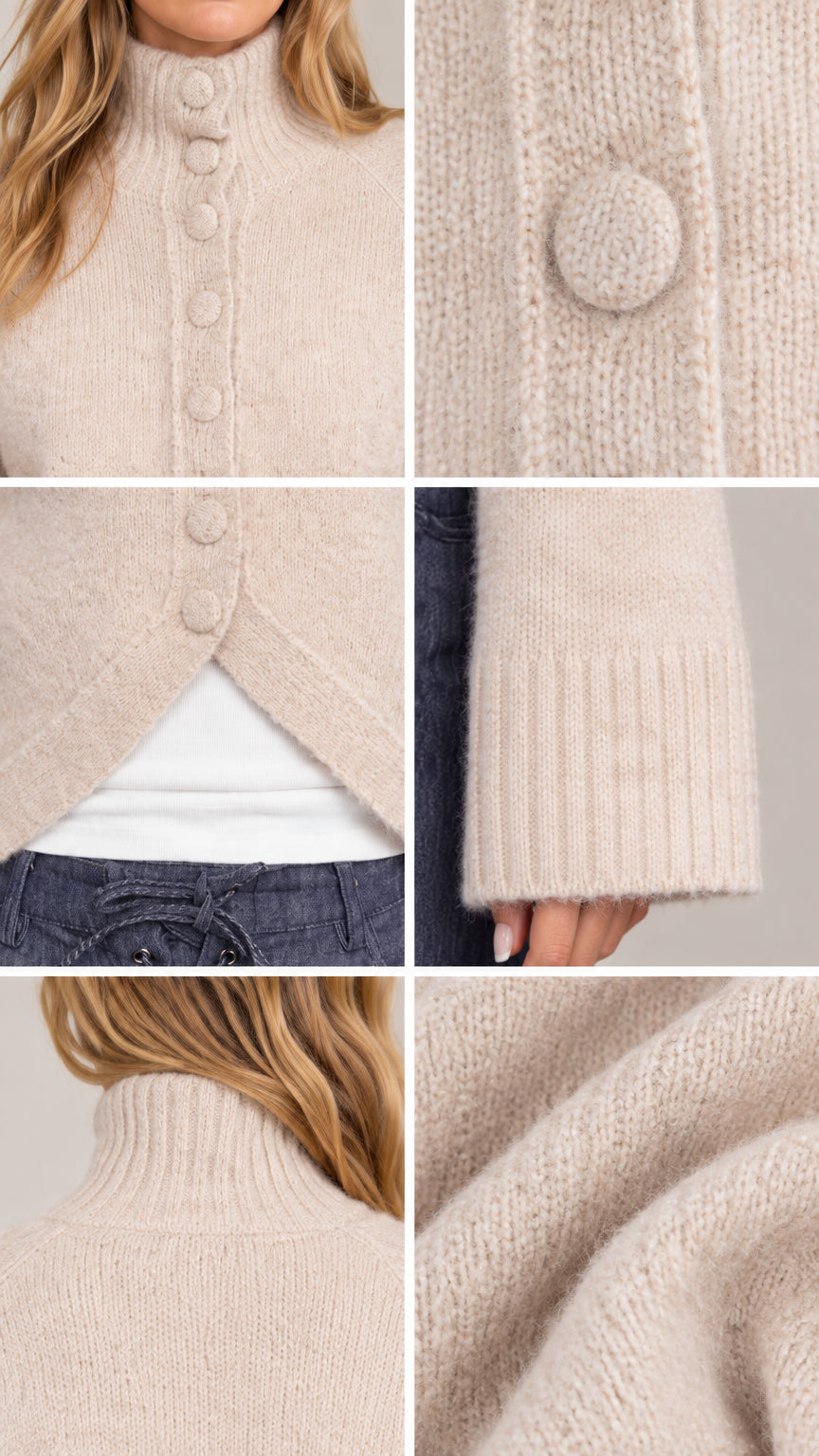 Close-up details of collar, covered buttons, and brushed knit fabric texture in beige