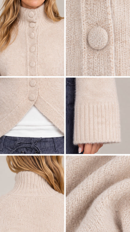 Close-up details of collar, covered buttons, and brushed knit fabric texture in beige