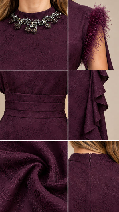Detailed close-ups of beaded collar, feather trim, pleated waist, cascading ruffle, and textured jacquard fabric